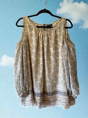 Max Edition Cream/Navy/Green Paisley Floral Print Cold-Shoulder Top